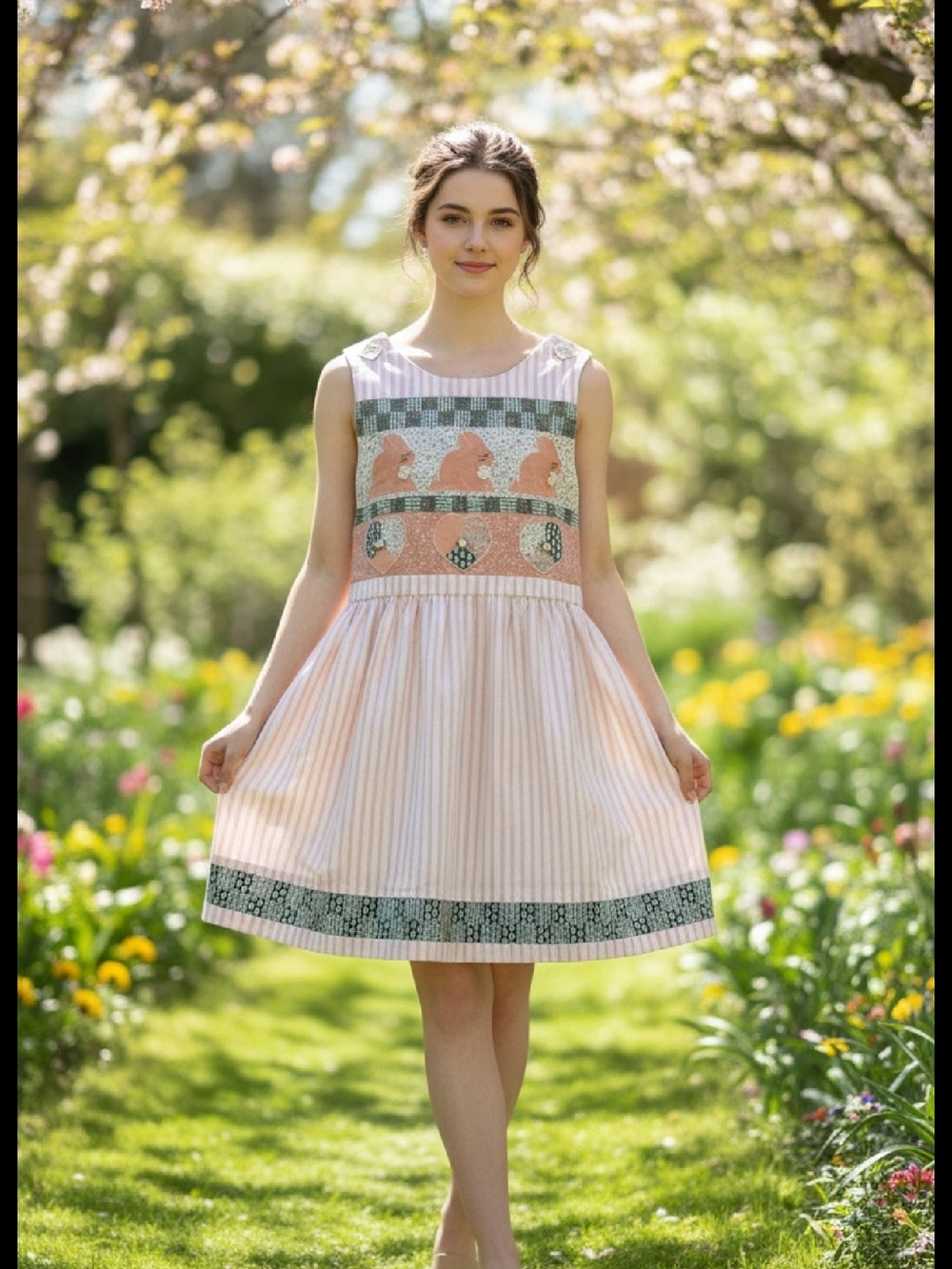 Girls handmade quilted Pink Striped Dress with Decorative Border and bunnies. - Picture 1 of 7